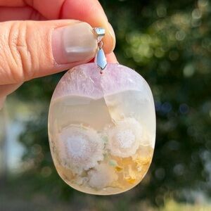 Sterling silver 925 stamped rare flower agate amethyst pendant 1044